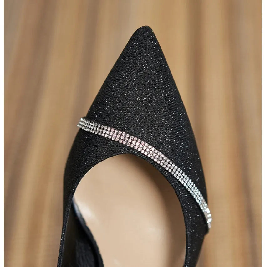 Black French style sequined high heels with 7cm thin heels and low upper height