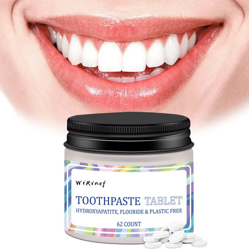 Pack of 62 solid, chewable portable toothpaste tablets for cleaning on the go