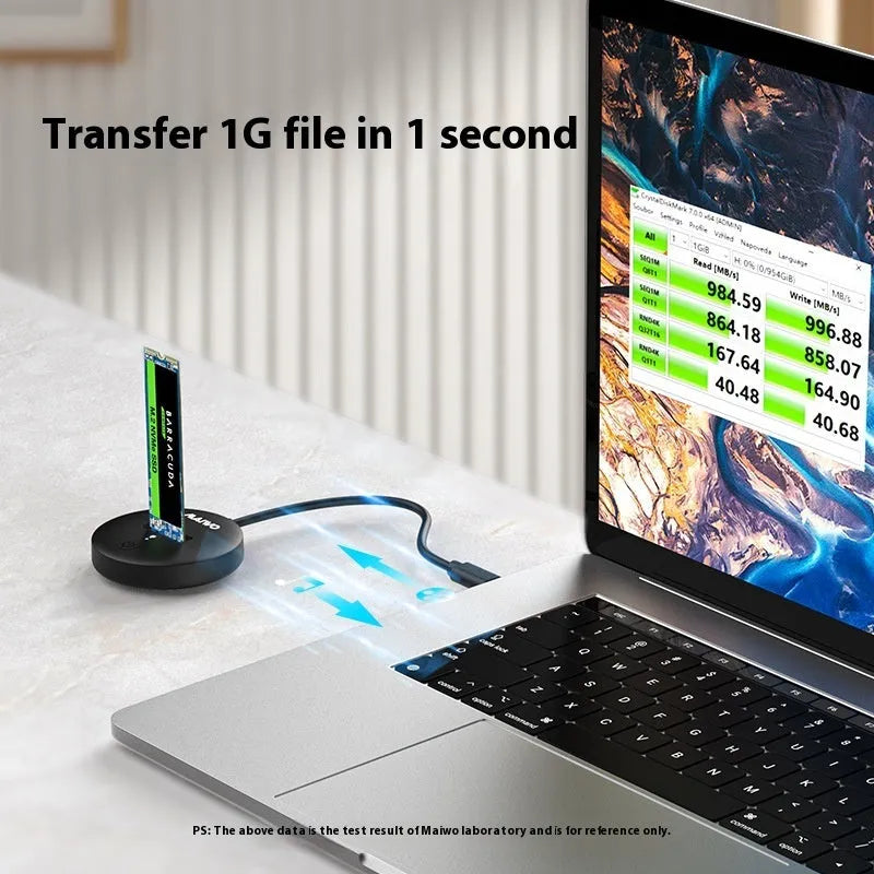 Black external hard drive enclosure for NVMe SSDs with USB Type-C port