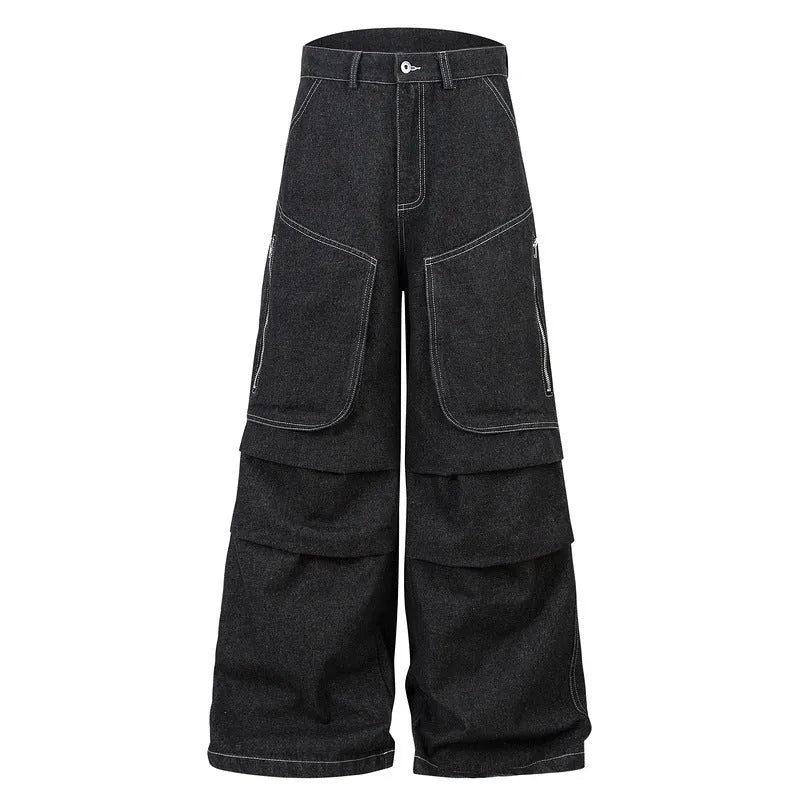 Black pleated workwear jeans with multiple pockets and mid waist design