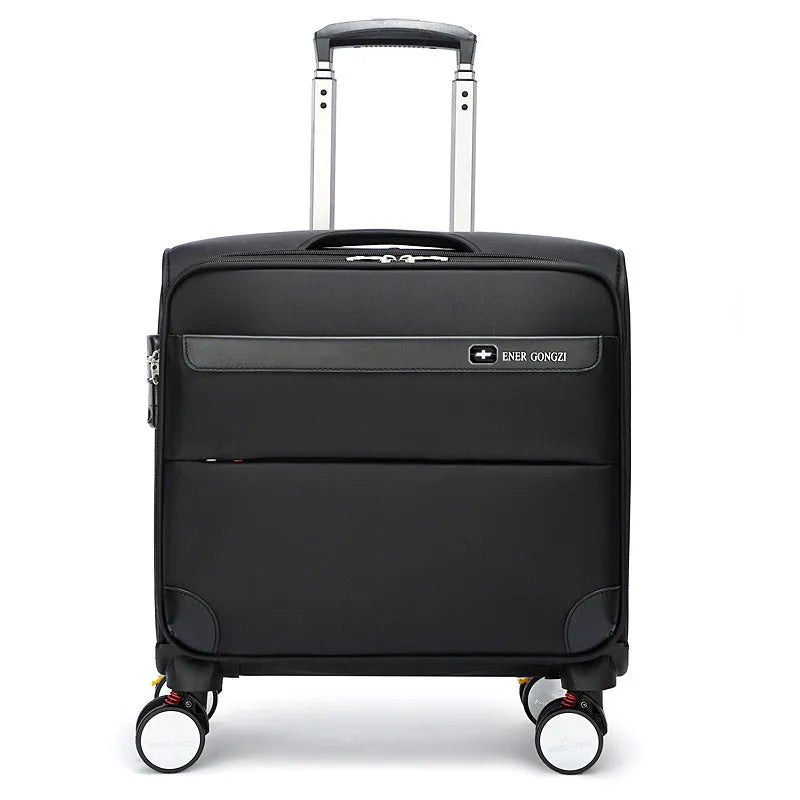 Black 18-inch Oxford cloth carry-on suitcase with retractable handle and four spinner wheels on a neutral background.