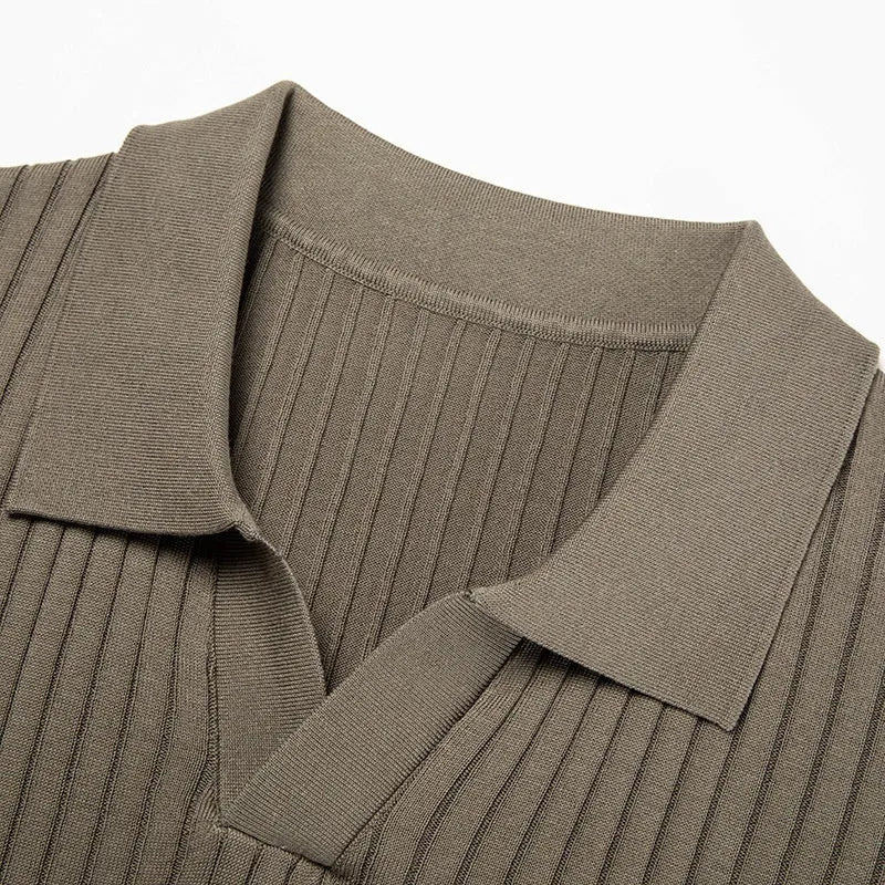 Men's striped mulberry silk T-shirt with lapel collar and short sleeves in multiple colour options.