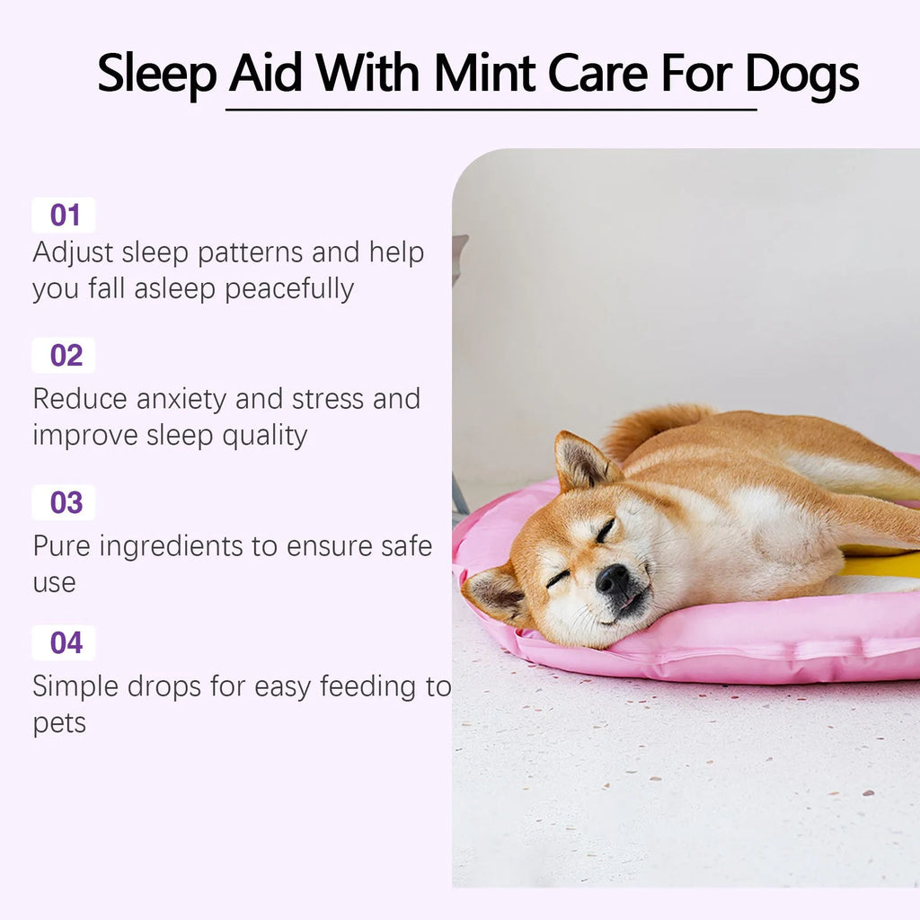 60ml bottle of dog sleep drops liquid supplement with mint extract for veterinary care