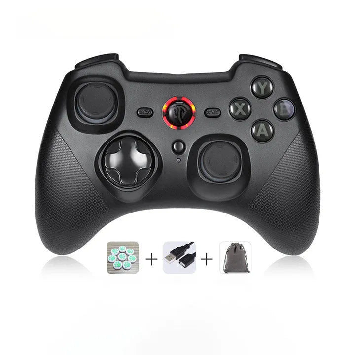 PC wireless game controller in black, green, red, or white with dual mode connectivity and adjustable vibration.