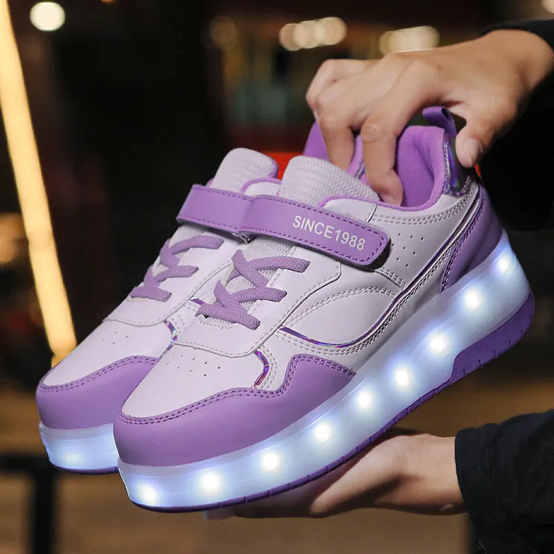 Boy and girl wearing rechargeable LED light-up roller skates in pink and black, showing two-wheel and four-wheel designs.
