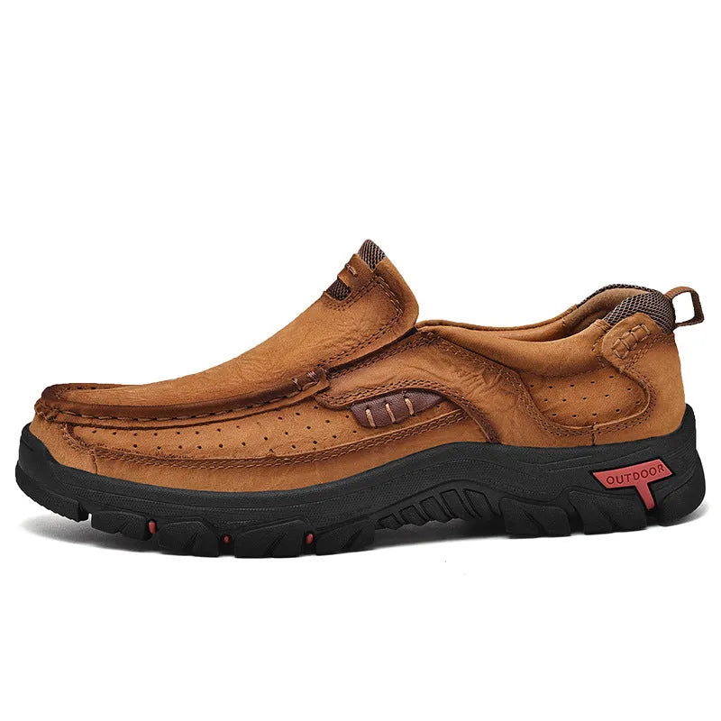 Men's leather large size casual shoes in brown, low top, flat heel, rubber sole, sizes 38-50