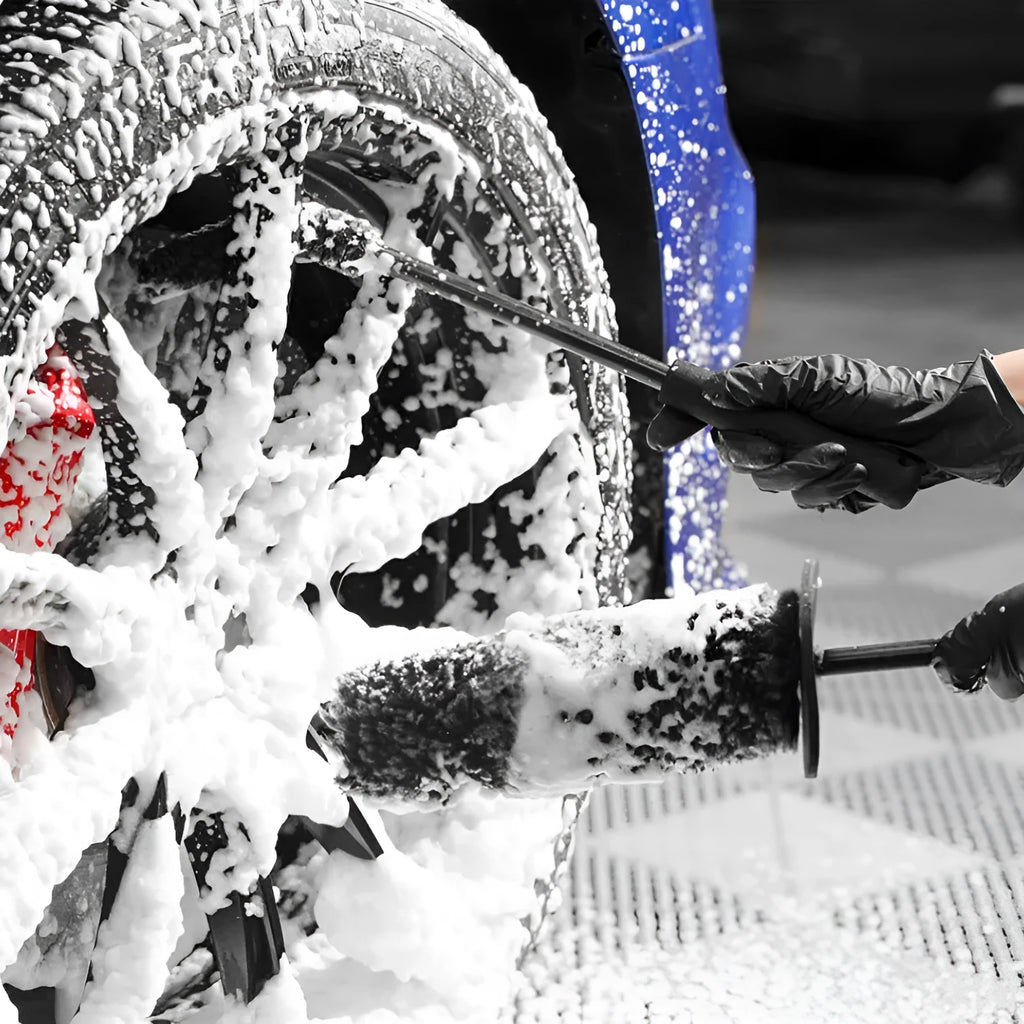 Black imitation wool wheel brush with superfine fibre and plastic handle, 226g, for car wheel hub cleaning