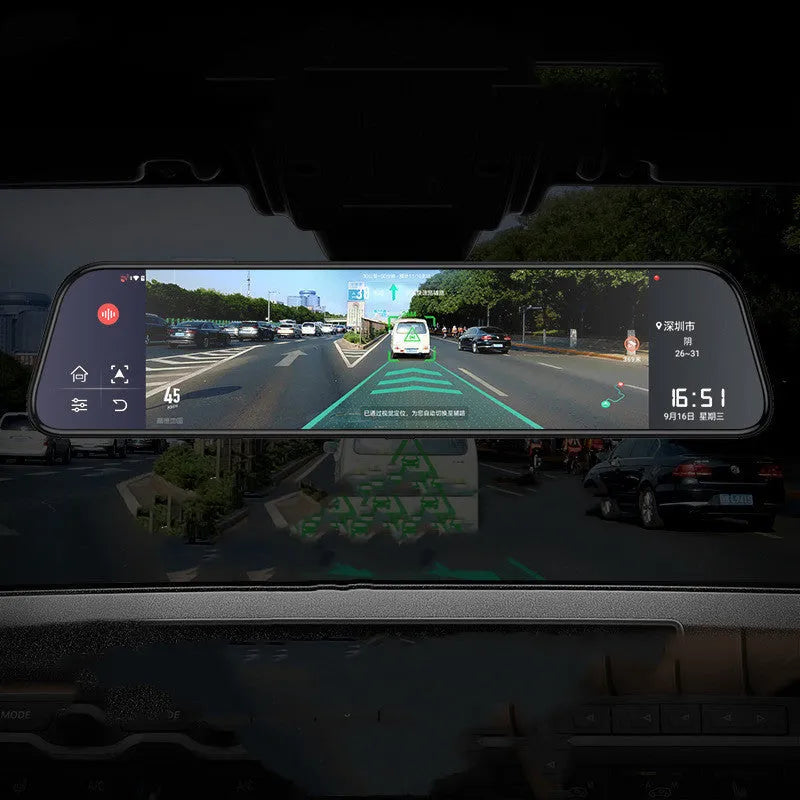 12-inch rearview mirror tachograph with touchscreen display and dual lens camera system