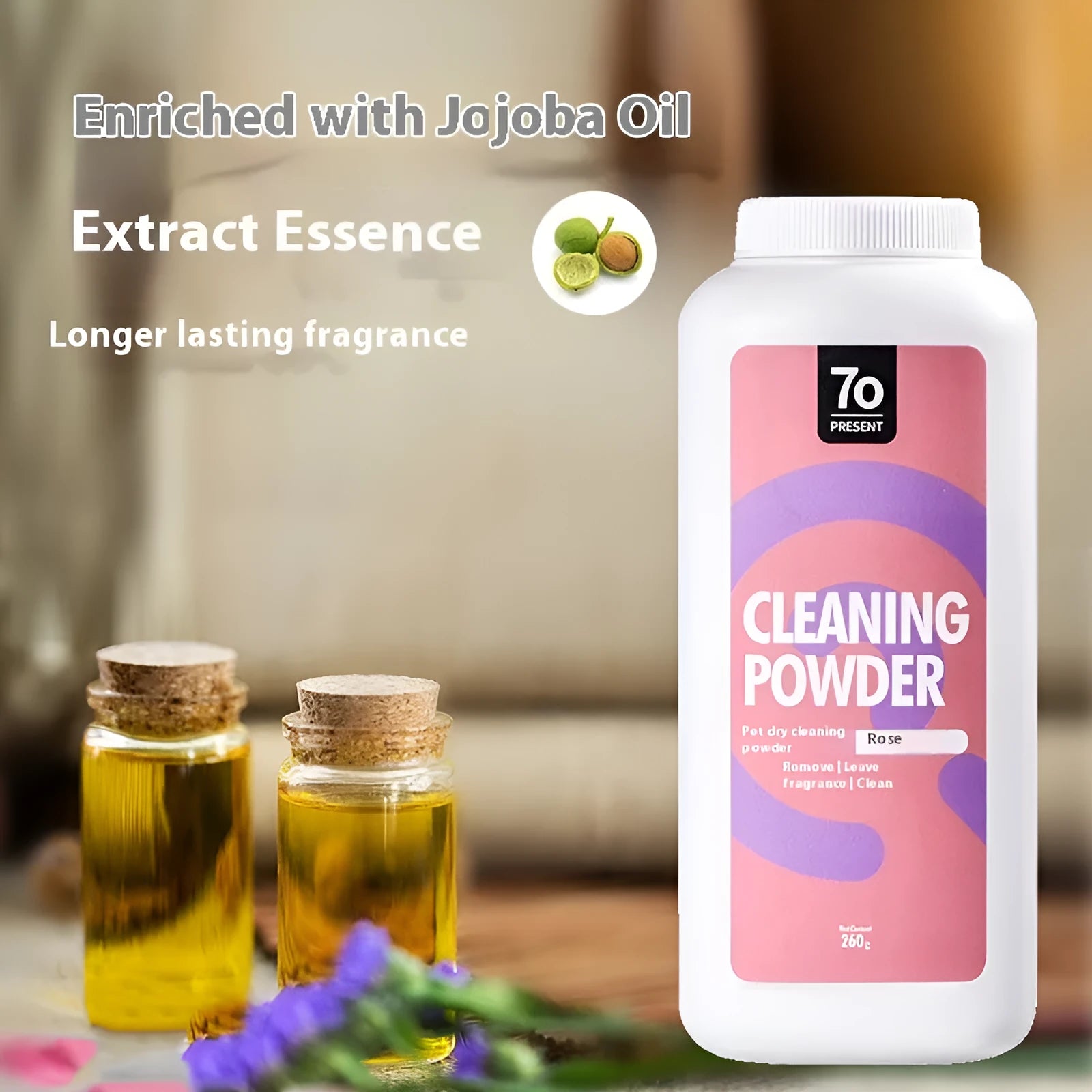 Bottle of dog dry cleaning powder deodorant, 260g, with Rose, Seville Orange and Menthol flavour options.