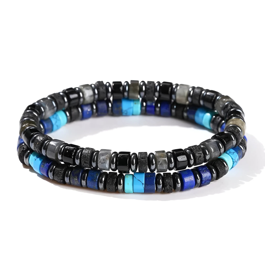 Natural haematite bracelet with 6mm volcanic rock spacer beads in geometric shape