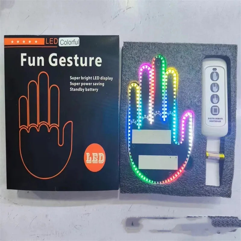 Car USB plug-in LED finger gesture lights showing thumbs up, OK, and scissor hand designs.