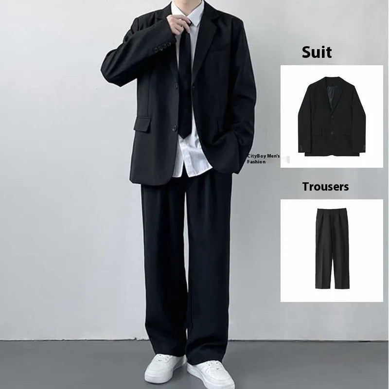 Men's plus size three-piece college style suit set featuring a grey jacket, trousers, white shirt, and striped tie.
