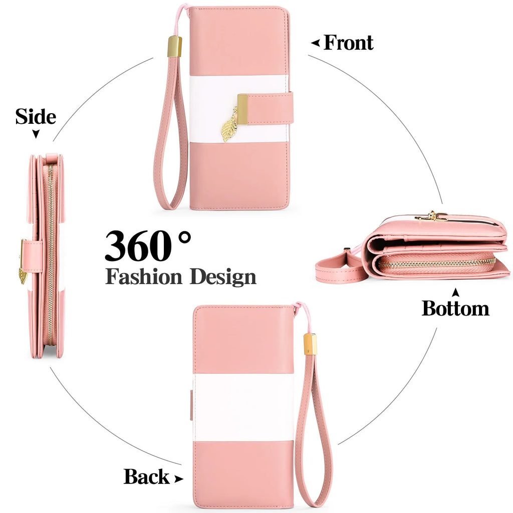 Midnight black women's PU leather clutch bag with a lock closure, shown open to reveal RFID-blocking wallet compartment.