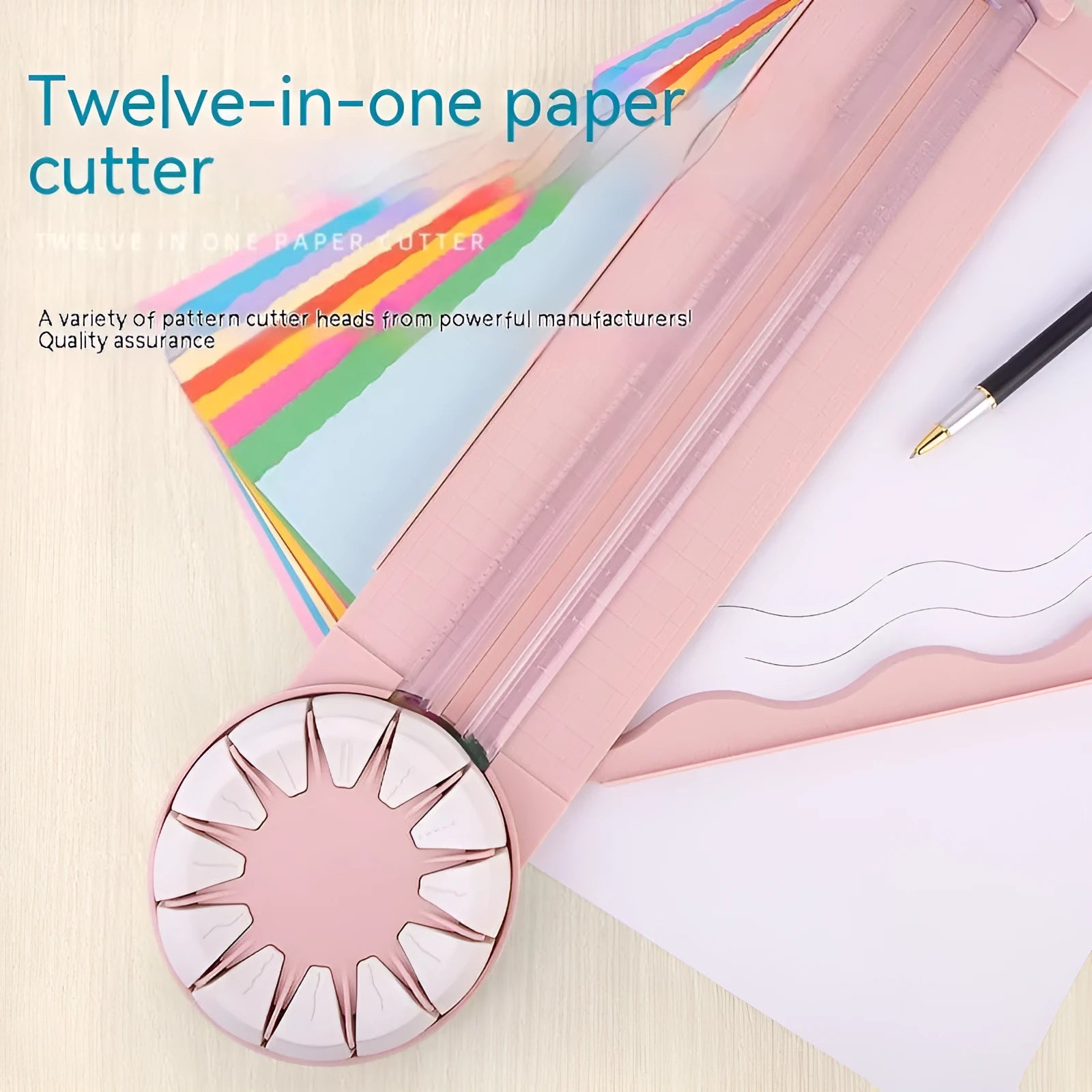 Pink plastic 12-in-1 paper cutting machine with dotted line and other pattern guides on a flat surface.