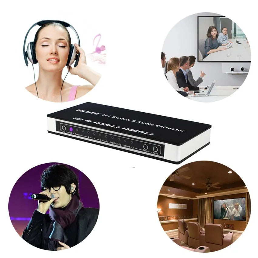 Black 4-port HDMI audio video switch with remote control and 10-metre HDMI cable