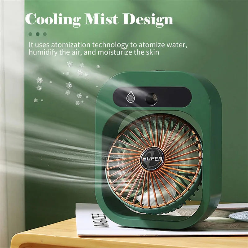 USB misting fan and humidifier in green or white, with three wind speeds and adjustable direction