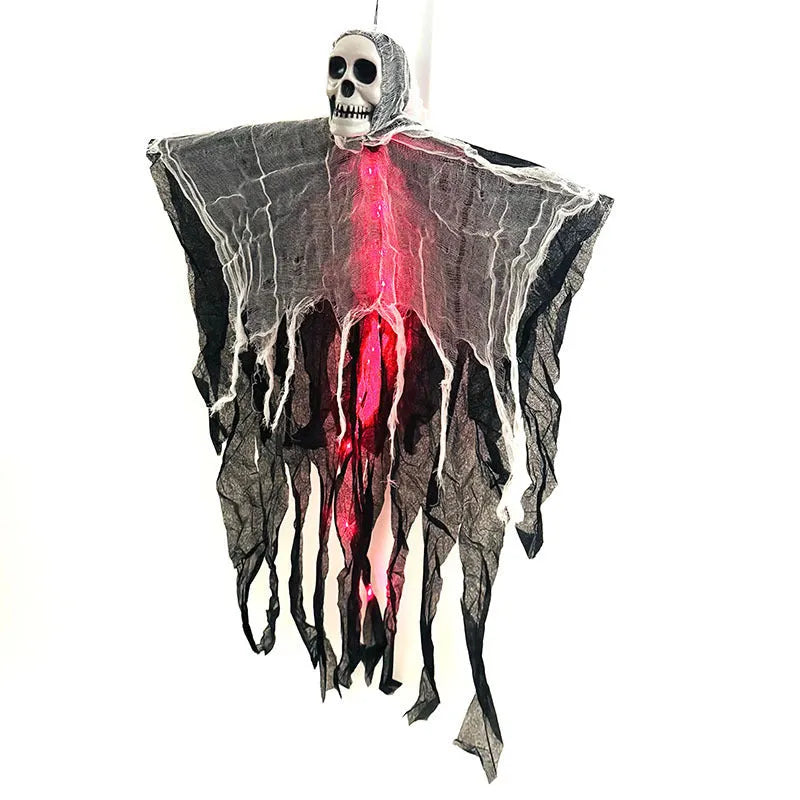 85cm hanging ghost Halloween decoration in warm colour with skull face, made from plastic, wrought iron, foam and cloth