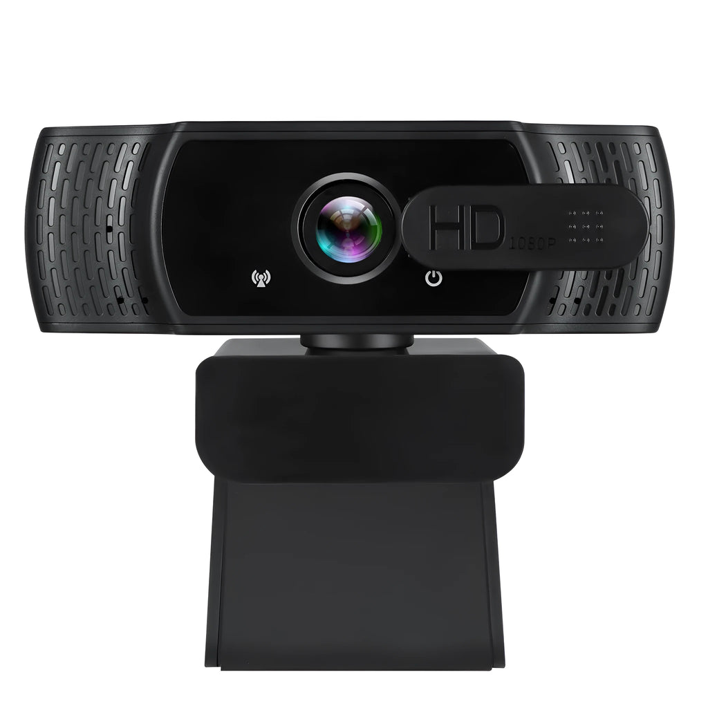 Black 1080p USB webcam with built-in microphone and universal clip for laptops.