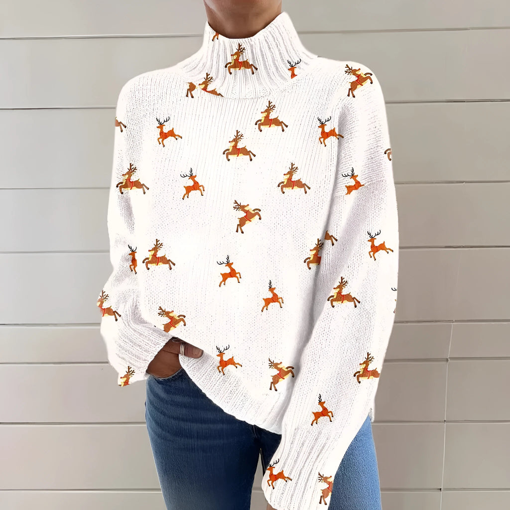 Women's loose fit Christmas printed turtleneck sweater with long sleeves in a macaron colour.