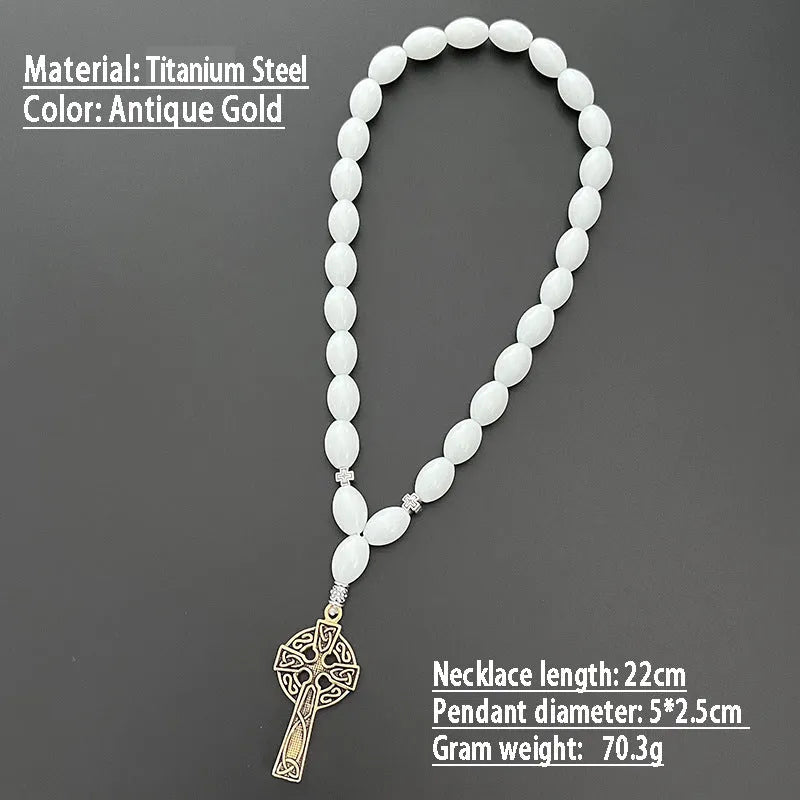 Cross beads metal car rearview mirror pendant with crown and Roman numerals in Ancient Gold finish