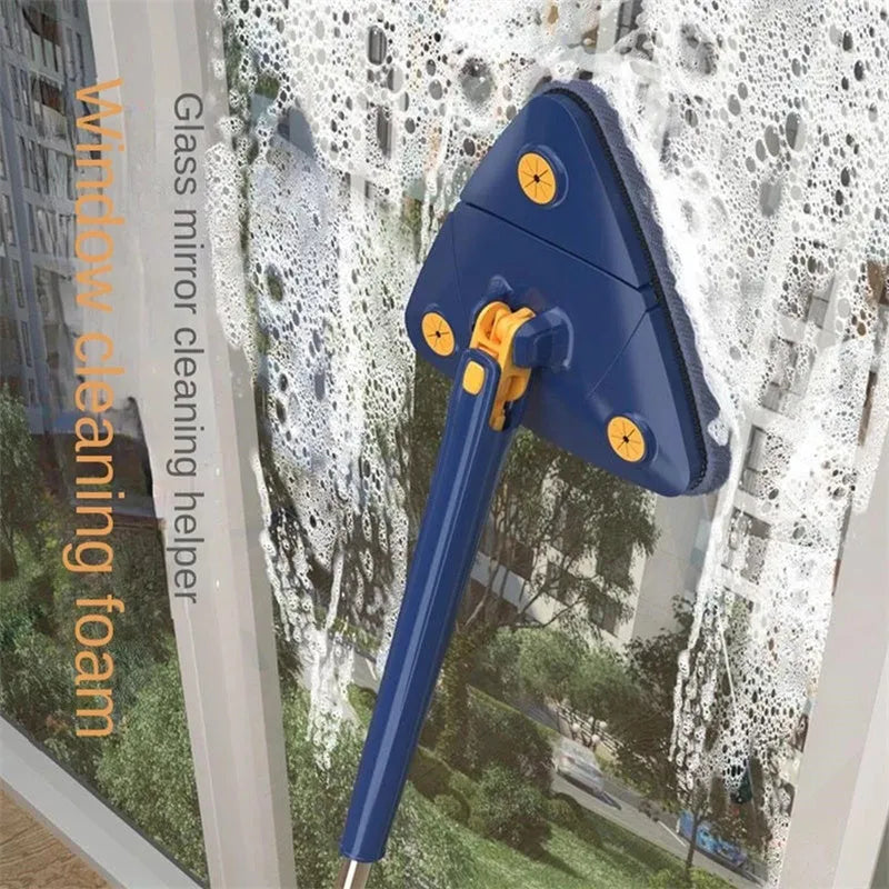 Extendable blue triangle mop with 360 rotating head and automatic water squeezing mechanism