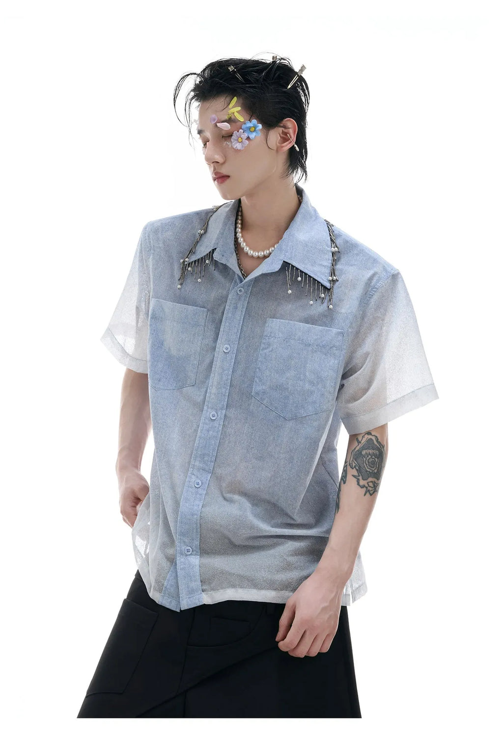 Men's loose fit blue and white gradient shirt with quilted pattern and short sleeves