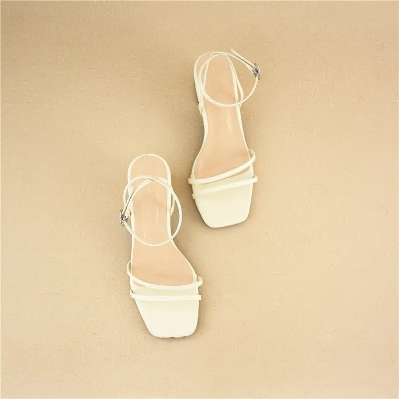 Beige women's stiletto sandals with square toe and ankle buckle on chunky heel