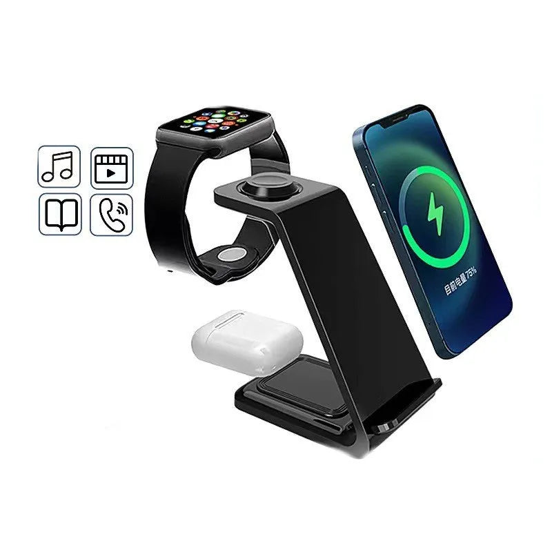 White 3-in-1 wireless charging stand holding a mobile phone upright next to wireless earbuds on its base.