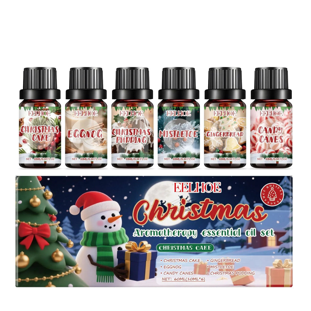 Set of six glass bottles of Christmas-themed aromatherapy oil, each containing 60ml of scented liquid.