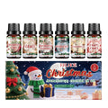 Set of six glass bottles of Christmas-themed aromatherapy oil, each containing 60ml of scented liquid.