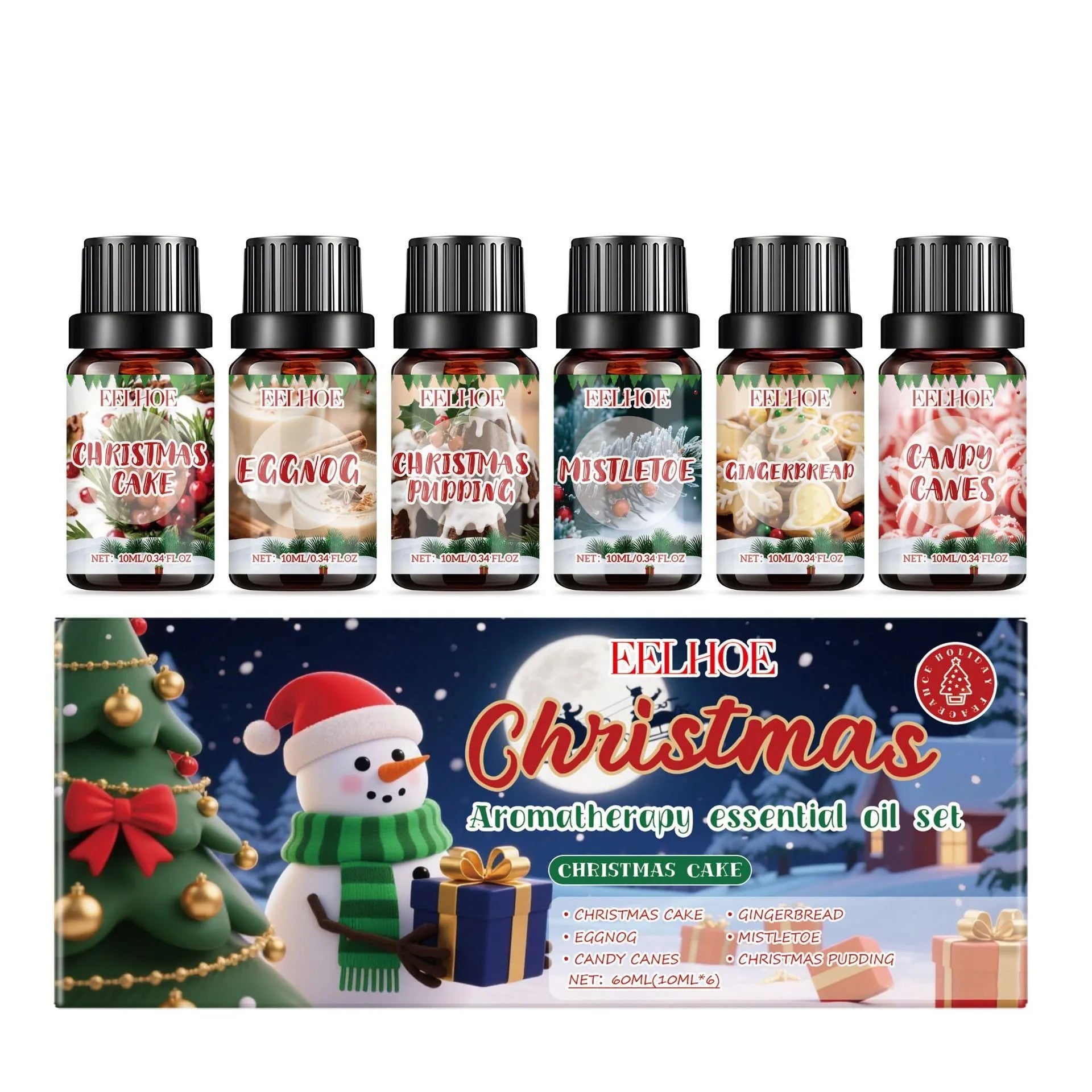 Set of six glass bottles of Christmas-themed aromatherapy oil, each containing 60ml of scented liquid.