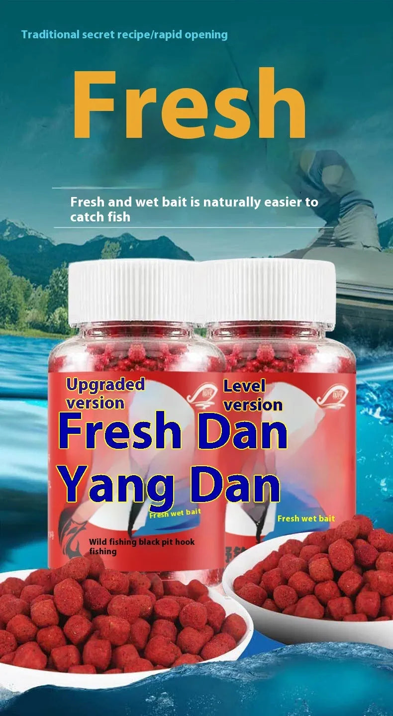 A fresh red plastic bottle containing grass green particle fishing bait for crucian carp.