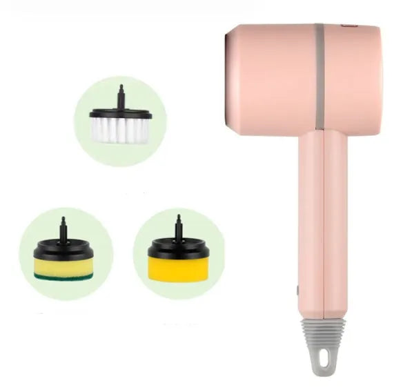 White electric cleaning brush with rotating scrub head and separate scouring pad attachment