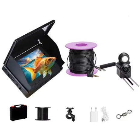 Underwater fish finder camera with 4.3-inch screen, wide-angle lens, and temperature sensor on a fishing boat.