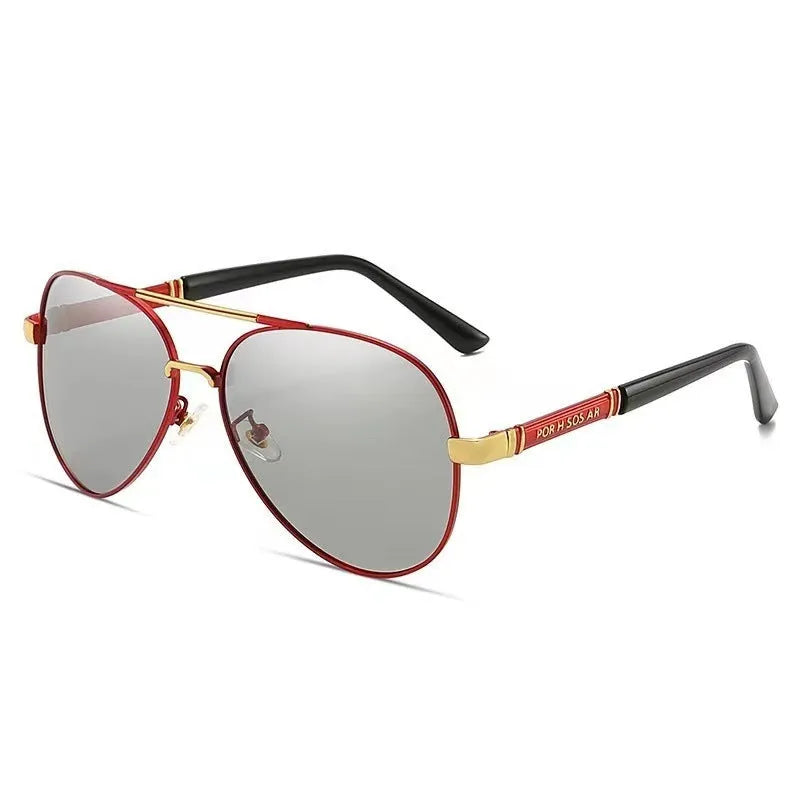 Men’s polarized metal sunglasses with grey lenses, black frame and dragon phoenix detail