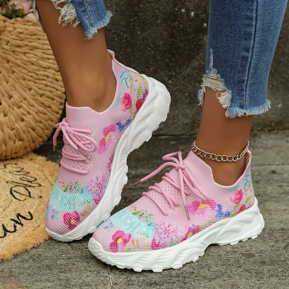 Women's flower print canvas lace-up walking sneakers with rubber sole, available in multiple colours