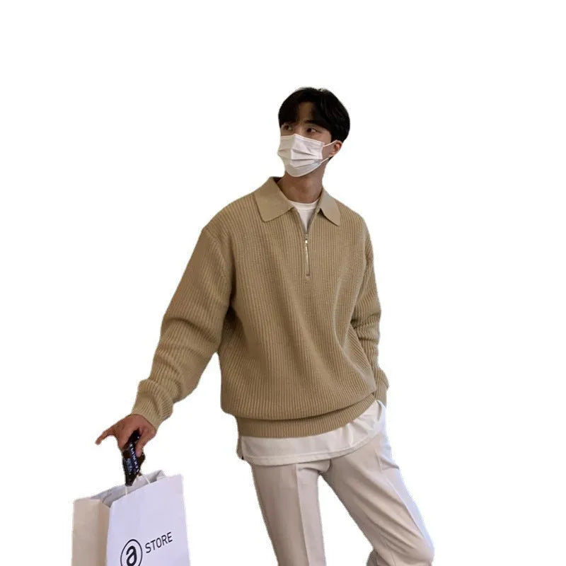 Men's loose lapel sweater pullover in khaki, black or gray, light business knitwear, sizes M to 3XL