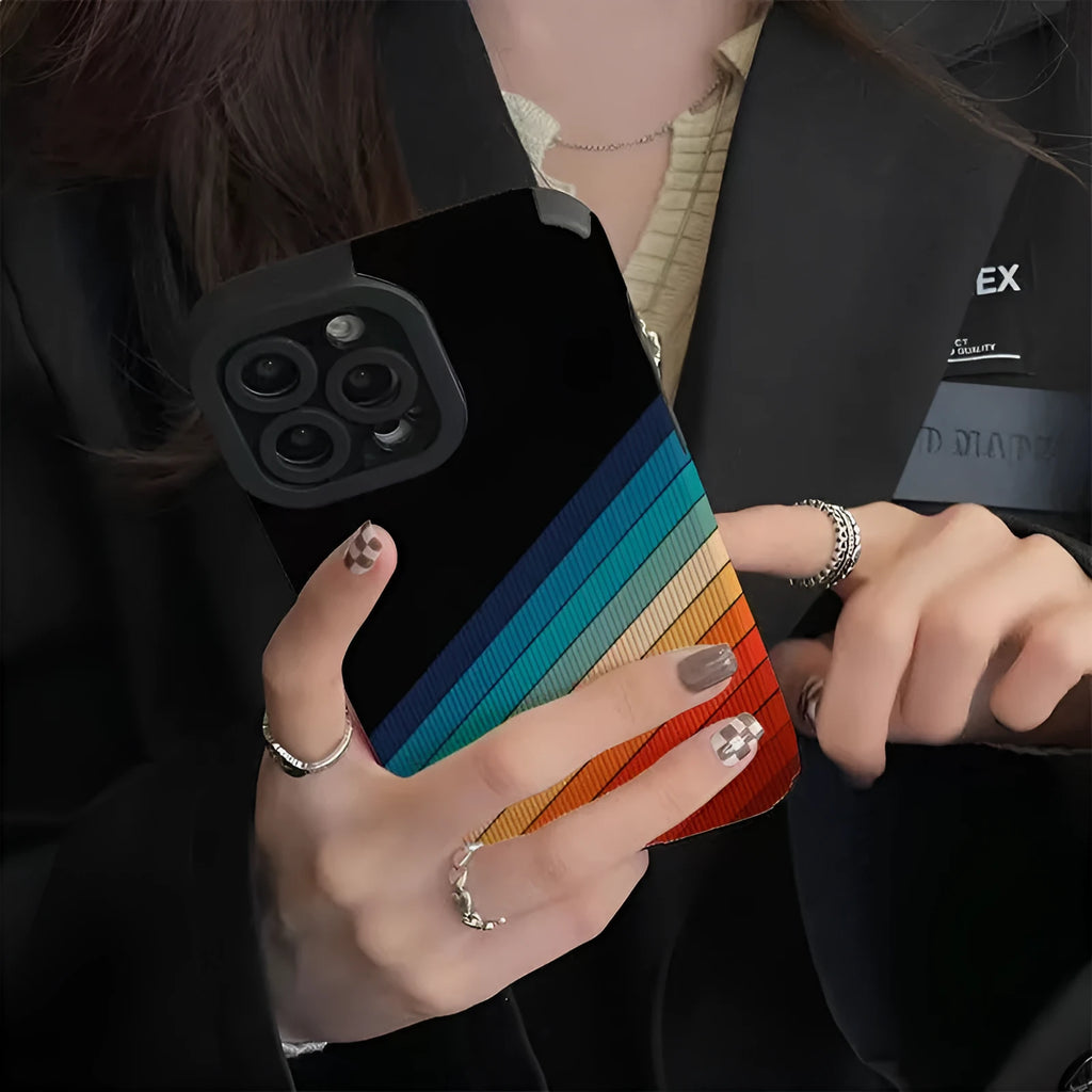 Imitation leather phone case with DIY metal stamping stripe line design in Rainbow colour