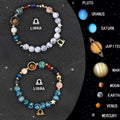 Set of twelve natural stone bead bracelets with zodiac charms laid out, showing adjustable knot closure.