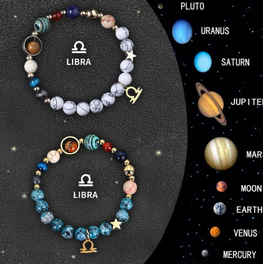 Set of twelve natural stone bead bracelets with zodiac charms laid out, showing adjustable knot closure.