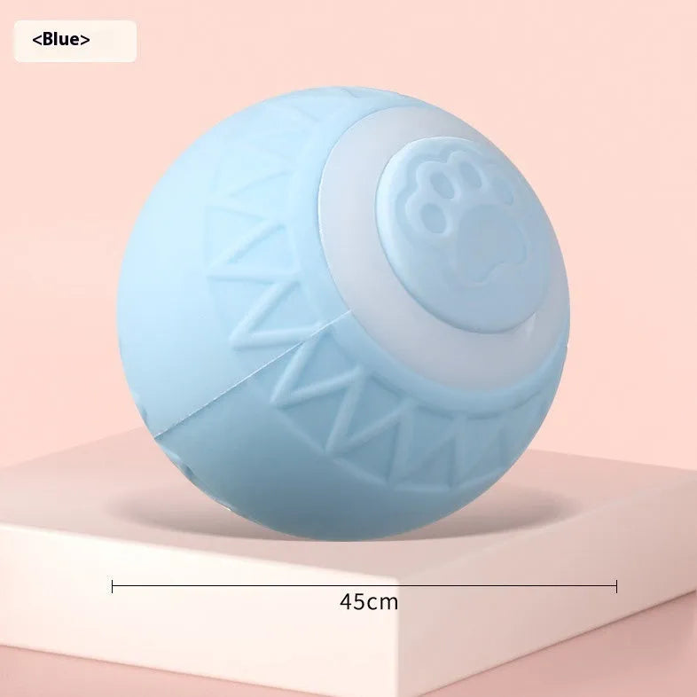 Blue automatic rechargeable moving ball cat toy on a wooden floor.