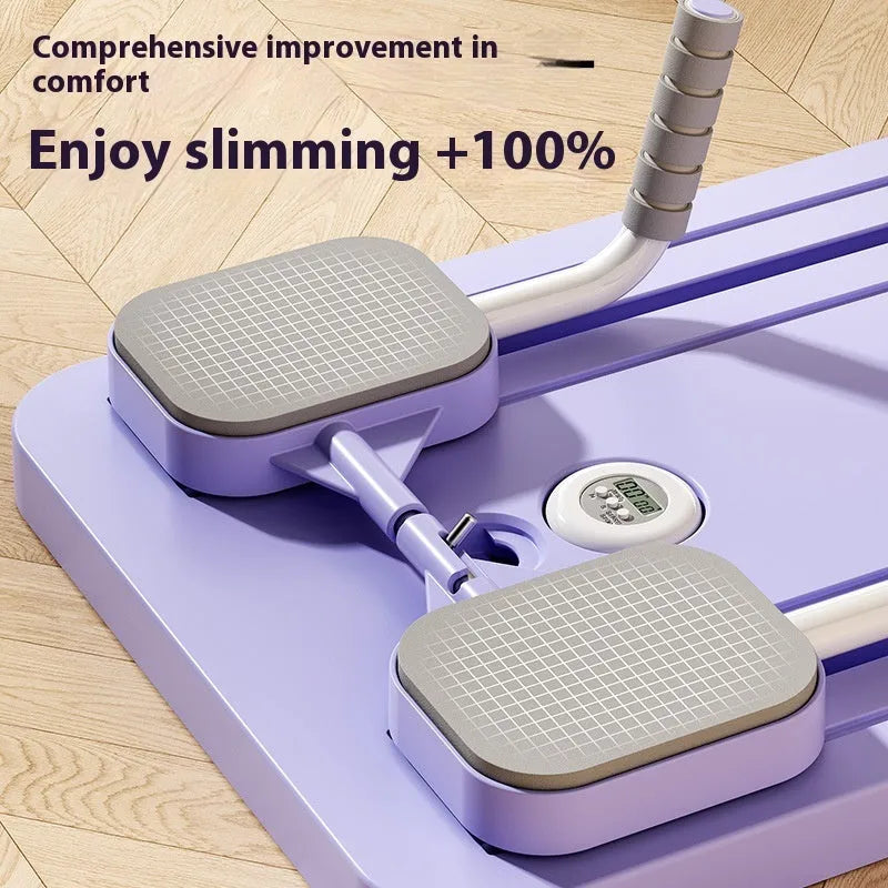 Standard purple PP plastic fitness board with integrated automatic rebound abdominal wheel.
