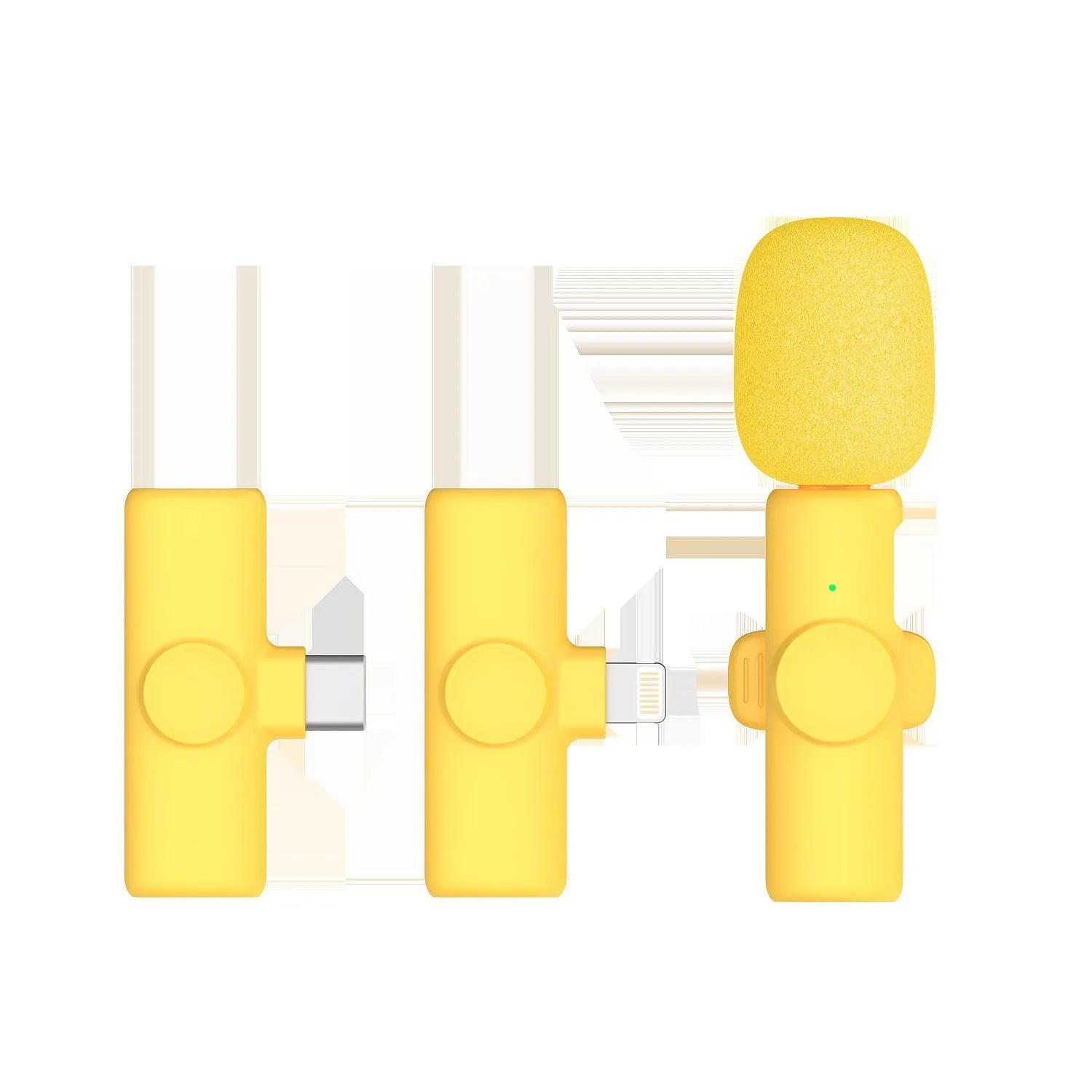 2.4G wireless microphone with receiver, showing colour options and compact size for live sound recording.