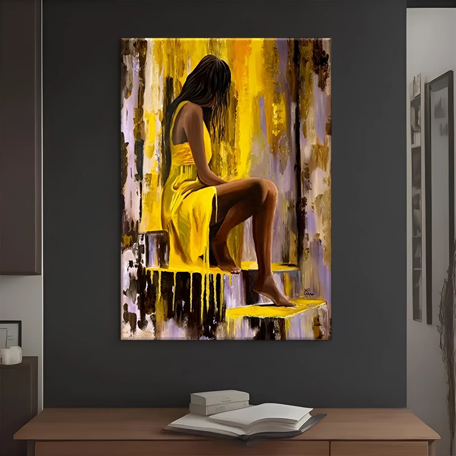 Hand-painted oil painting of a girl in a yellow dress on canvas for modern wall art