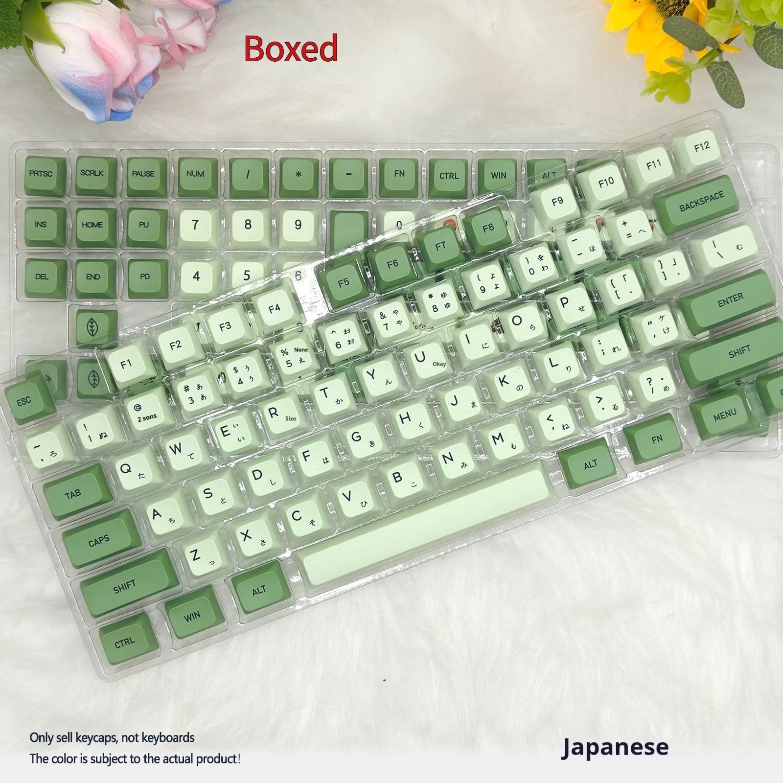 124 PBT dye-sublimation keycap set in matcha green colour on a keyboard.