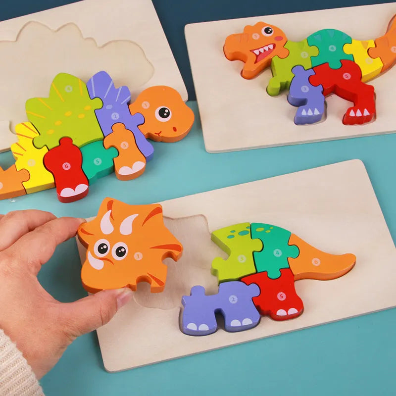 Wooden building blocks for children's 3D dinosaur puzzles including T-Rex and Triceratops