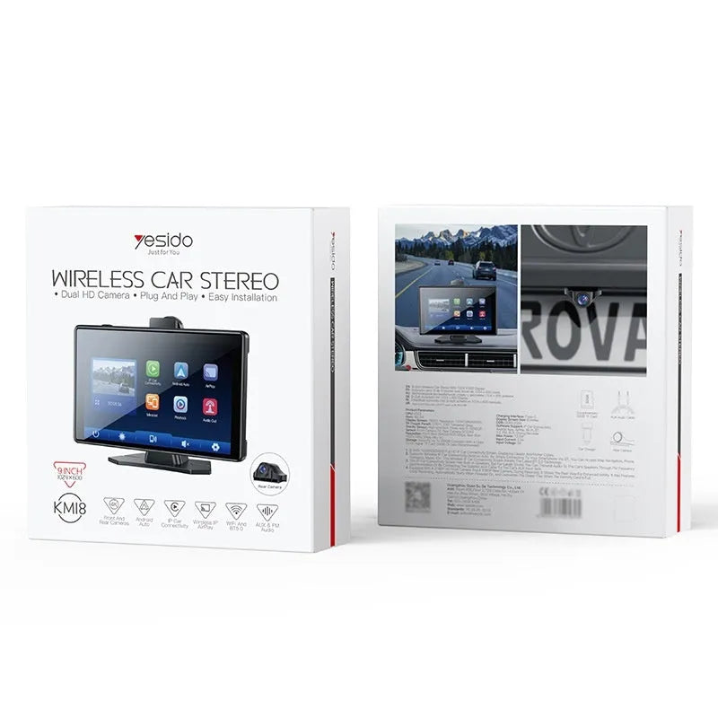 9 inch black vehicle navigation unit with capacitive touch screen showing map and dual camera recording icon