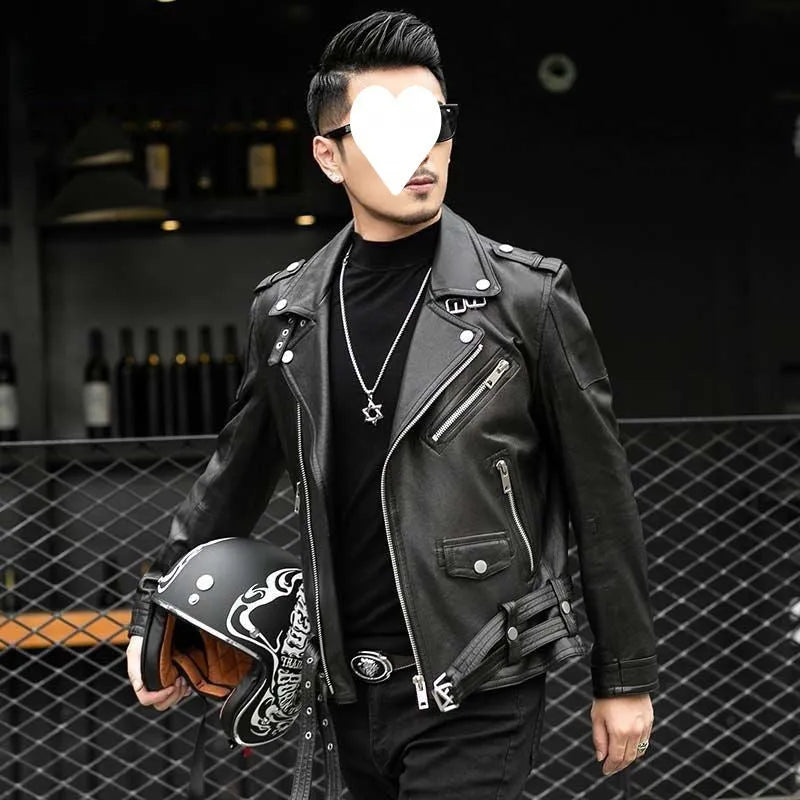Men's black sheepskin leather jacket with lapel collar and front zip, loose fit