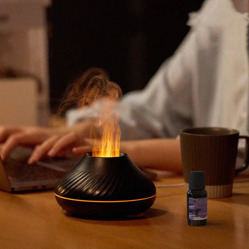 Volcanic flame aroma diffuser with LED lights and mist output