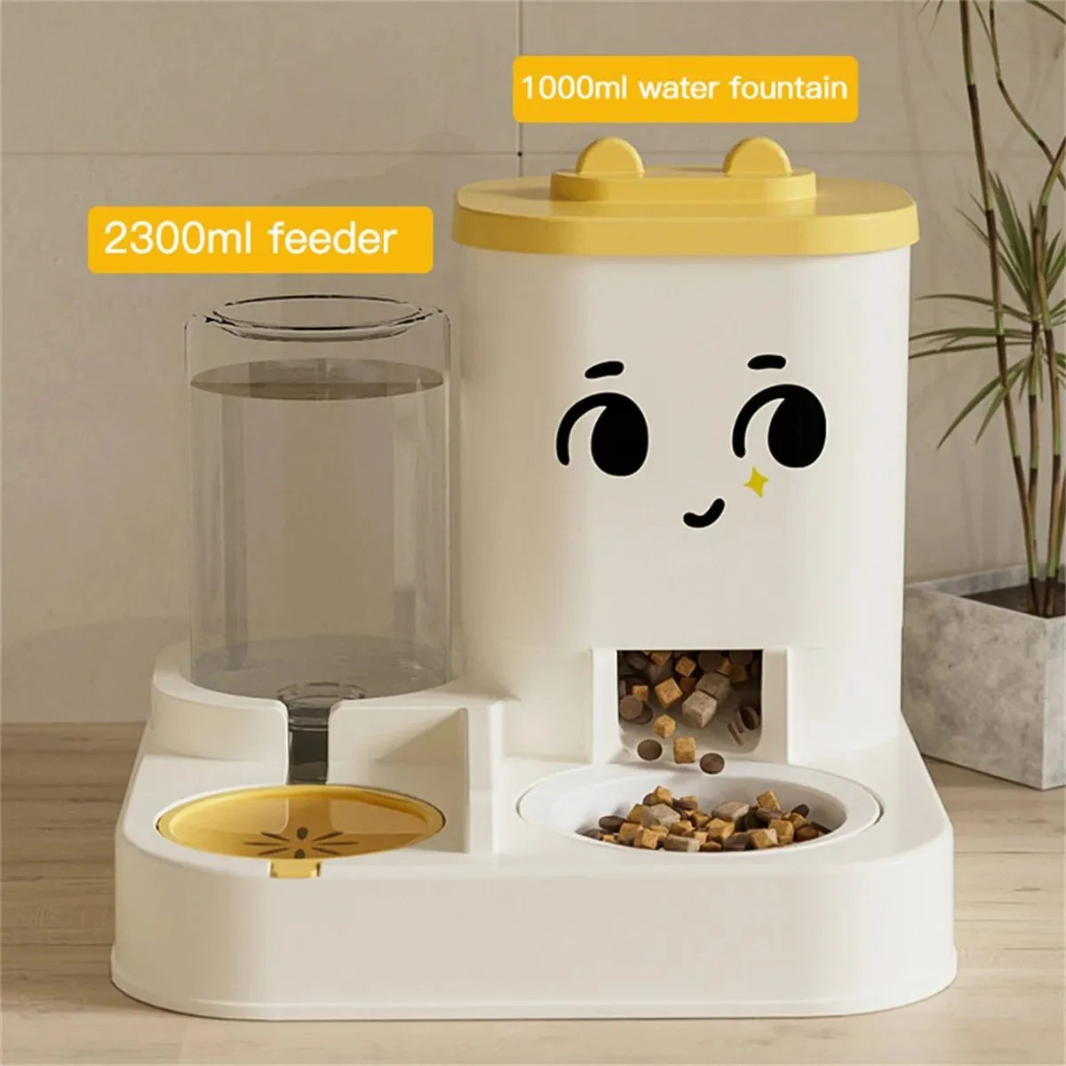 Pet cartoon feeding and watering dispenser in gray with large capacity plastic bowls for cats and dogs
